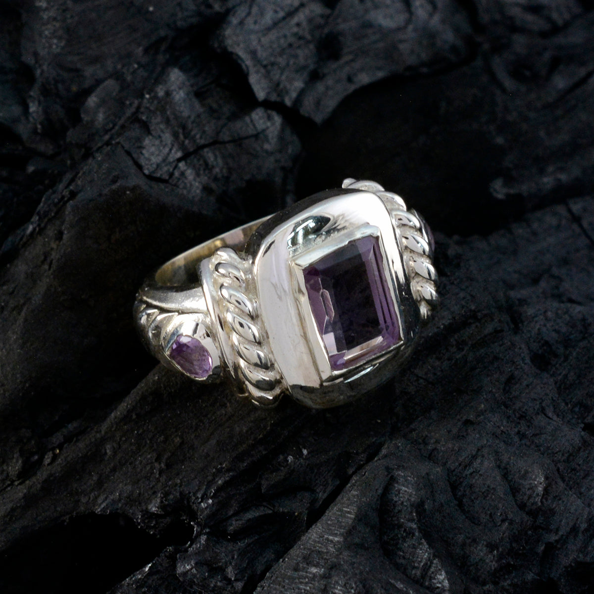 Amethyst Trilogy Egyptian Silver Purple Gemstones Eye catching Abstract Ring Jewelry