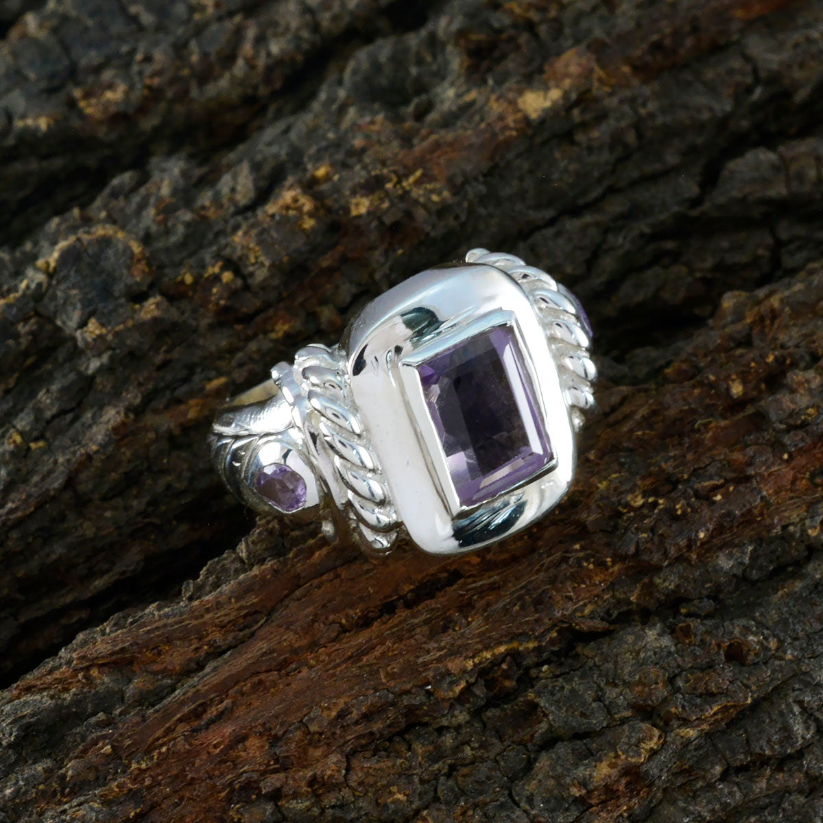 Amethyst Trilogy Egyptian Silver Purple Gemstones Eye catching Abstract Ring Jewelry