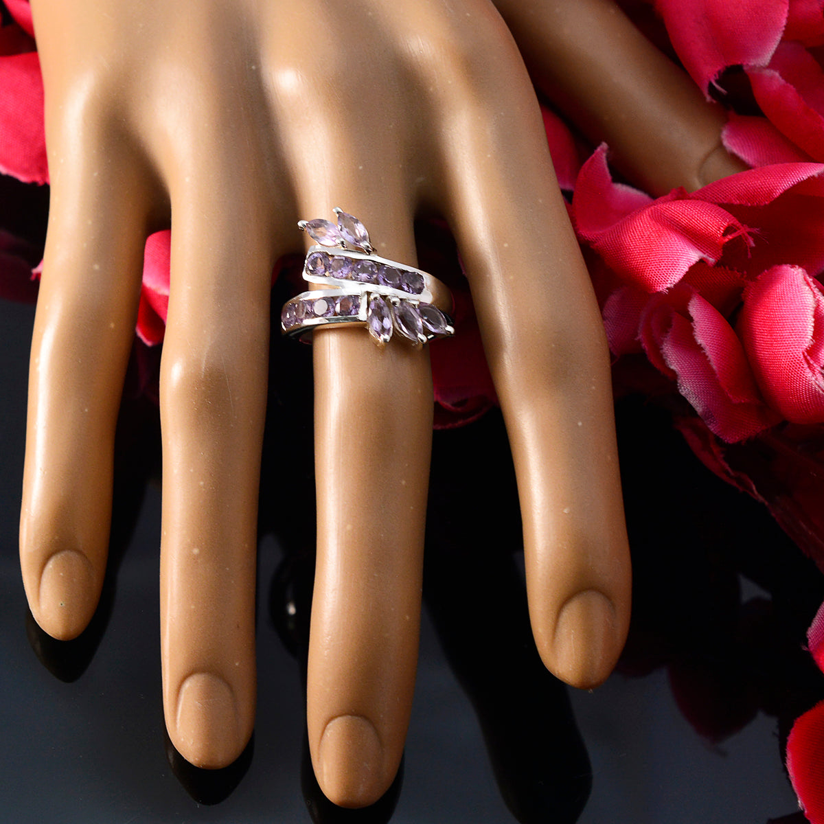 Amethyst multiple German 925 Silver Purple Gems Classic Feminine Ring Jewellery