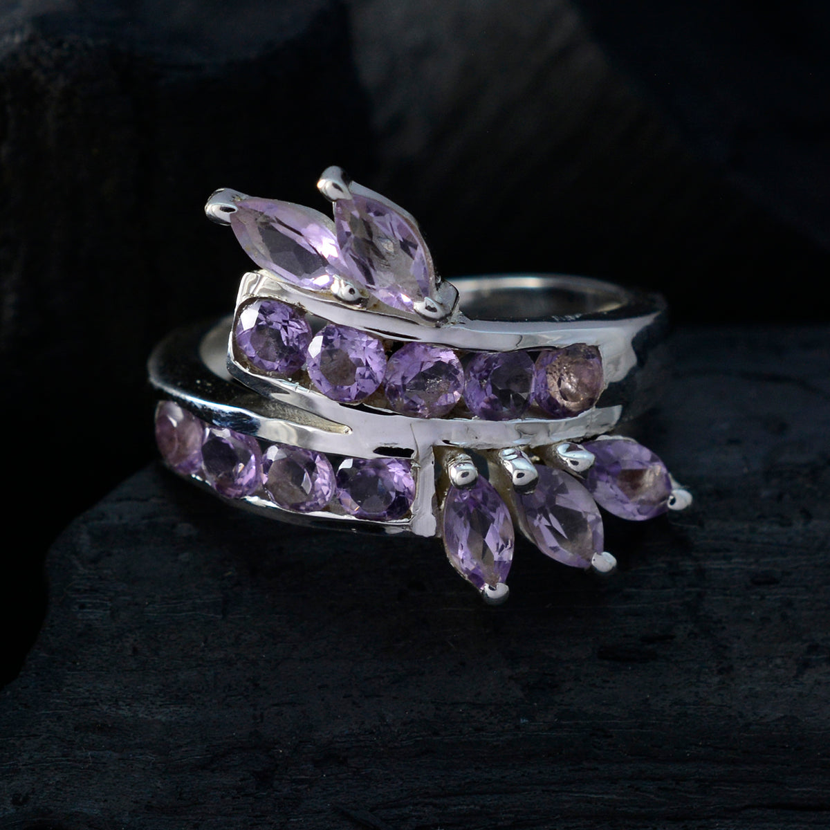 Amethyst multiple German 925 Silver Purple Gems Classic Feminine Ring Jewellery