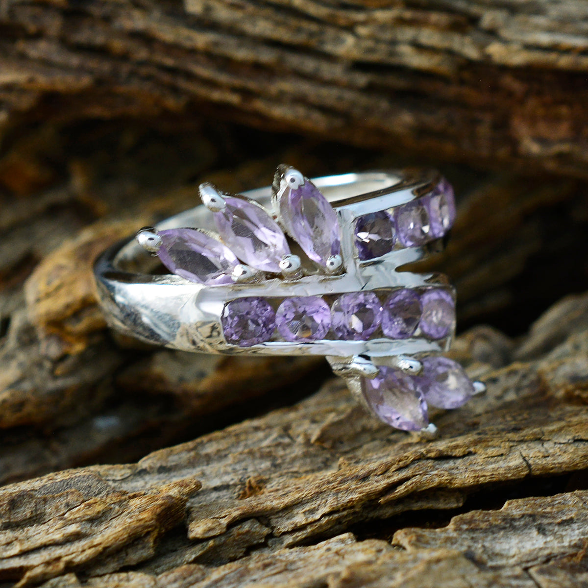 Amethyst multiple German 925 Silver Purple Gems Classic Feminine Ring Jewellery