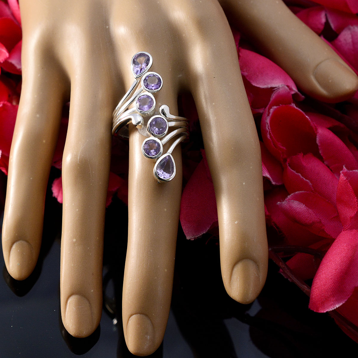 Amethyst Hexa African Silver Purple Gems Versatile Trendy Ring Jewelry