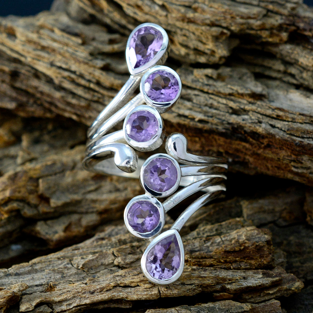 Amethyst Hexa African Silver Purple Gems Versatile Trendy Ring Jewelry