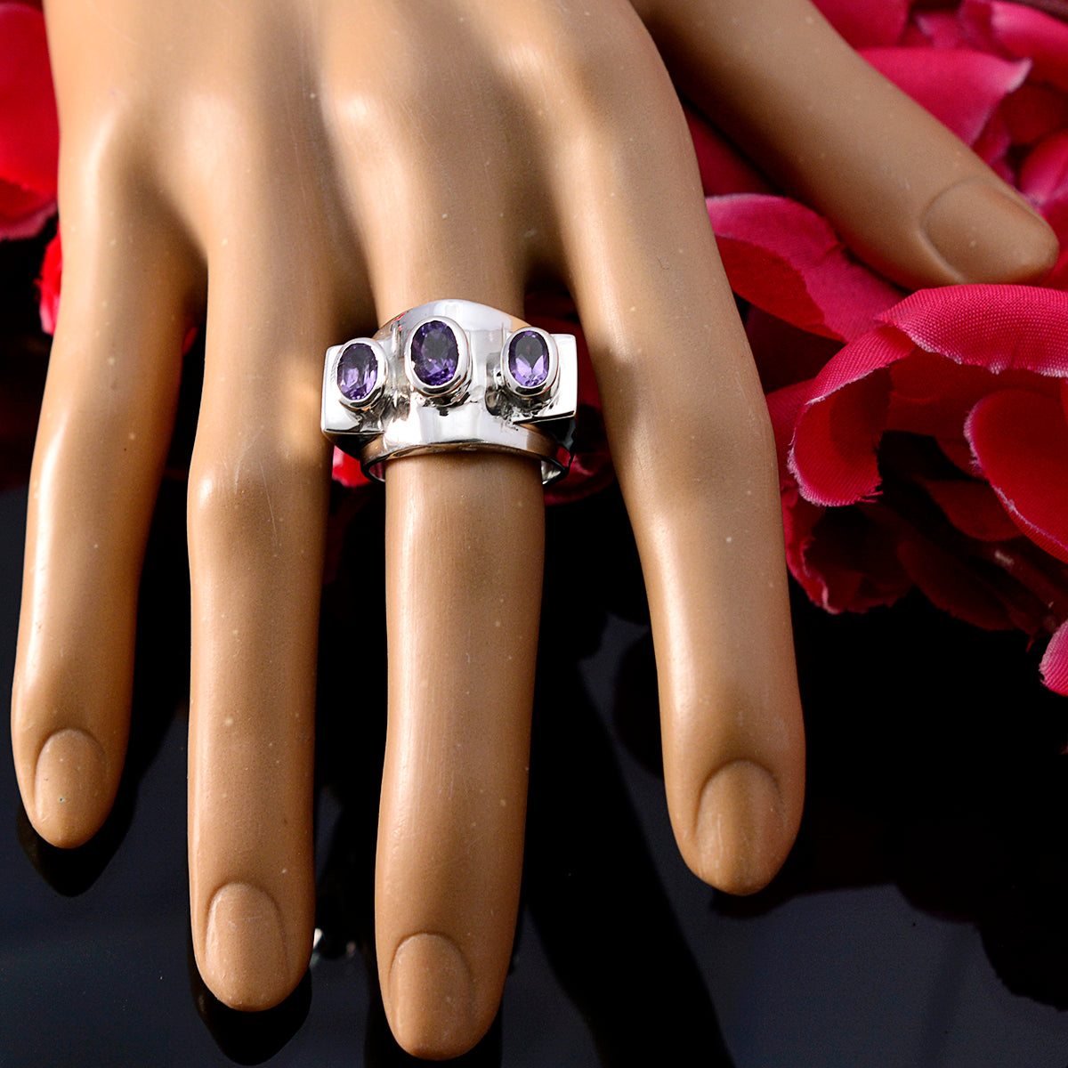 Amethyst Trilogy German 925 Sterling Silver Purple Gems Essential  Trendy Ring Jewelry