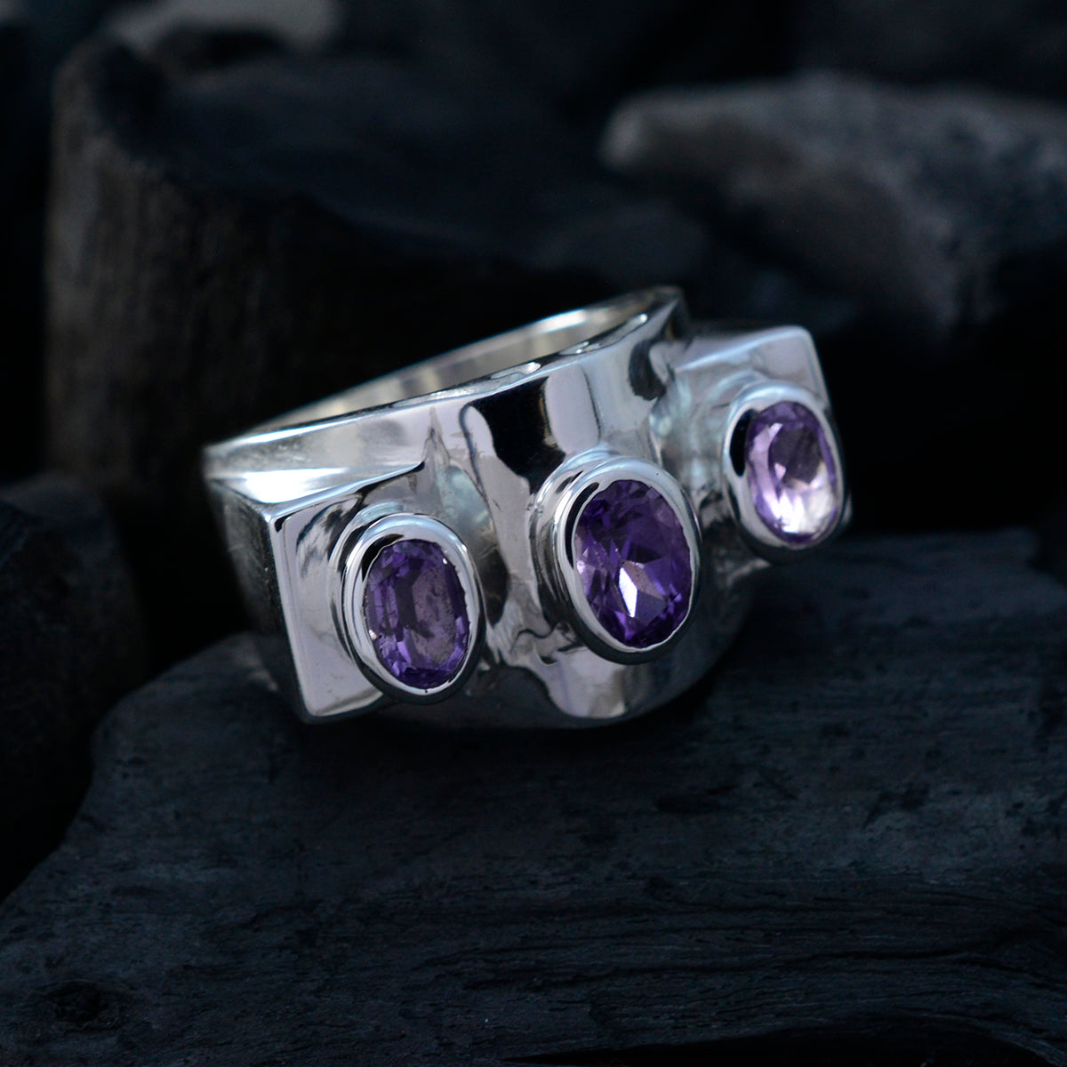Amethyst Trilogy German 925 Sterling Silver Purple Gems Essential  Trendy Ring Jewelry