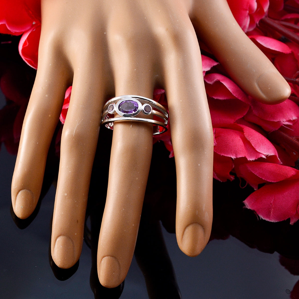 Amethyst Trilogy German 925 Silver Purple Gemstone Tiny Abstract Ring Jewelry