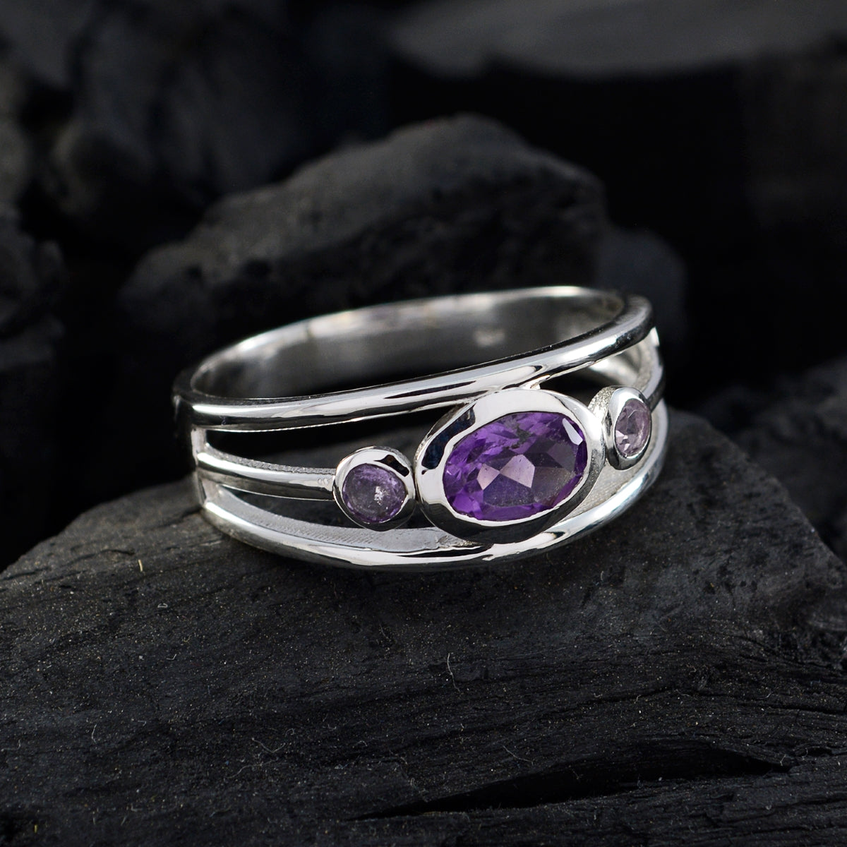 Amethyst Trilogy German 925 Silver Purple Gemstone Tiny Abstract Ring Jewelry