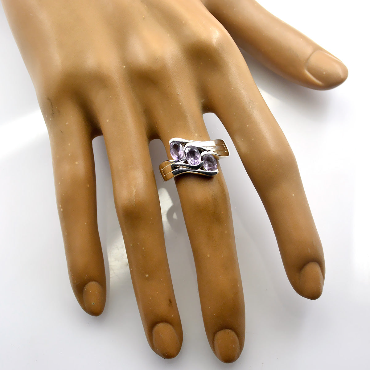 Amethyst Trilogy Egyptian Sterling Silver Purple Gemstone Slim Abstract Ring Jewellery