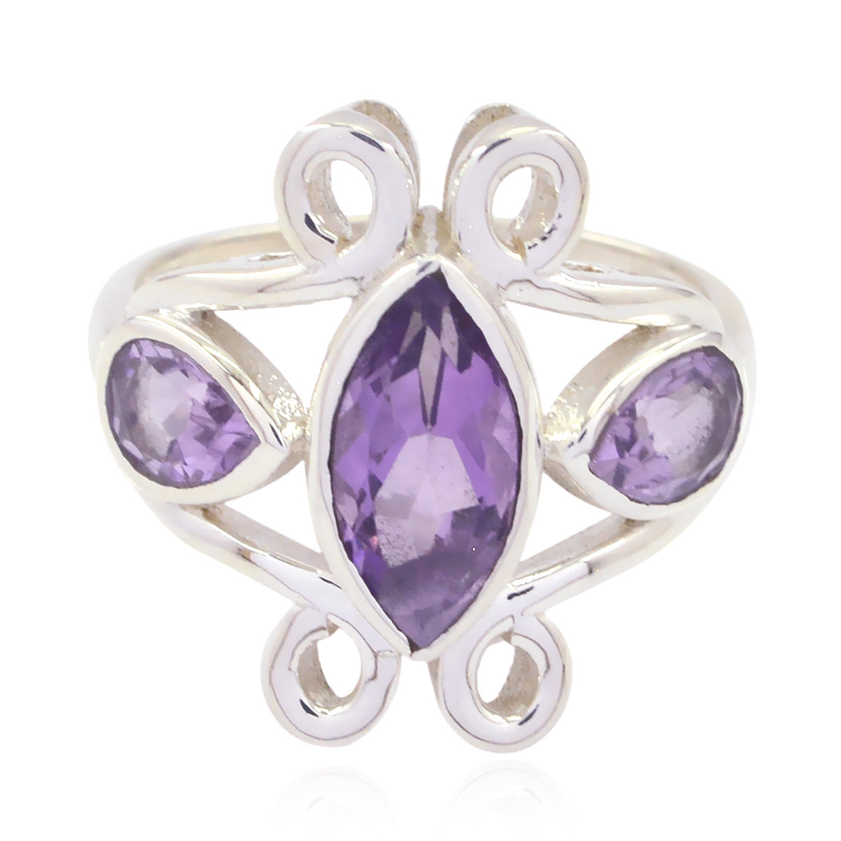 Amethyst Trilogy African Silver Purple Gemstones Slim Cultural Ring Jewellery