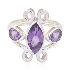 Amethyst Trilogy African Silver Purple Gemstones Slim Cultural Ring Jewellery