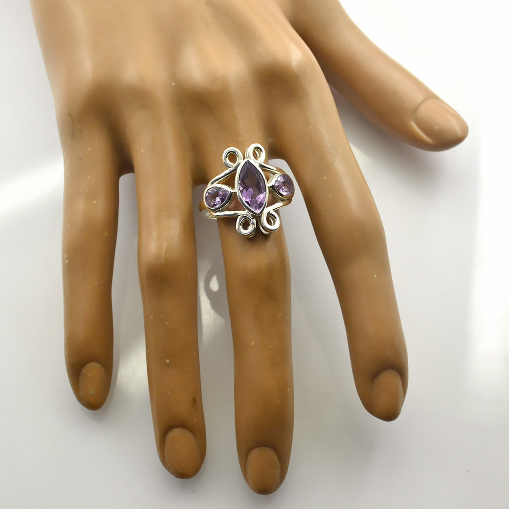 Amethyst Trilogy African Silver Purple Gemstones Slim Cultural Ring Jewellery