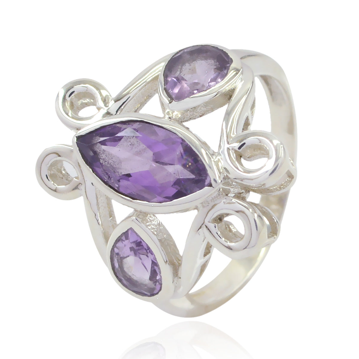 Amethyst Trilogy African Silver Purple Gemstones Slim Cultural Ring Jewellery