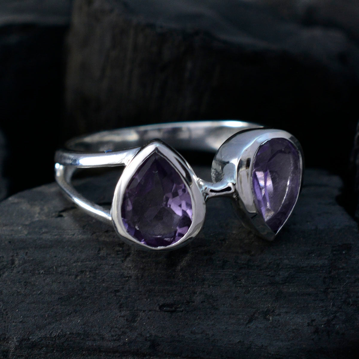 Amethyst Toi et Moi African Silver Purple Gemstone Slim Trendy Ring Jewellery