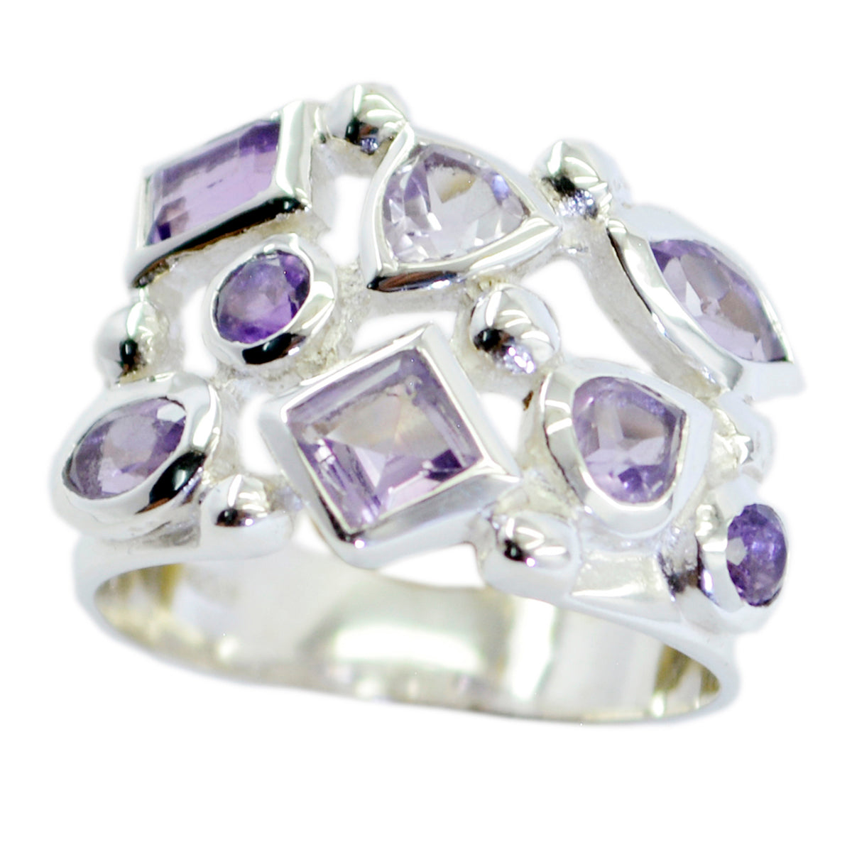 Amethyst multiple French 925 Sterling Silver Purple Gemstones Eye catching Modern Ring Jewelry Image principale du produit