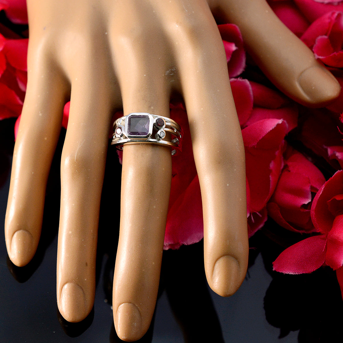 Amethyst Penta Turkish Sterling Silver Purple Gems Whisper thin Modern Ring Jewelry