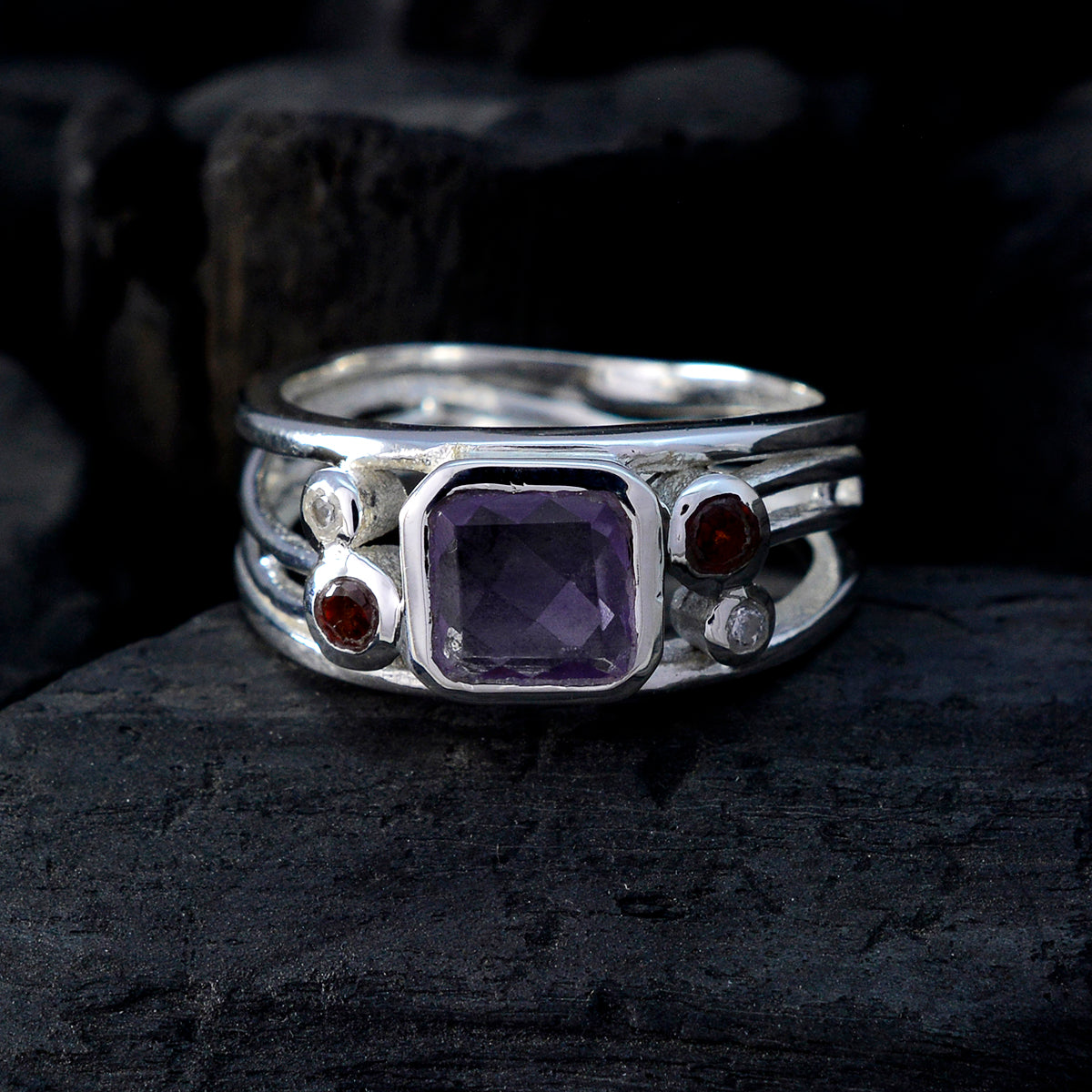 Amethyst Penta Turkish Sterling Silver Purple Gems Whisper thin Modern Ring Jewelry