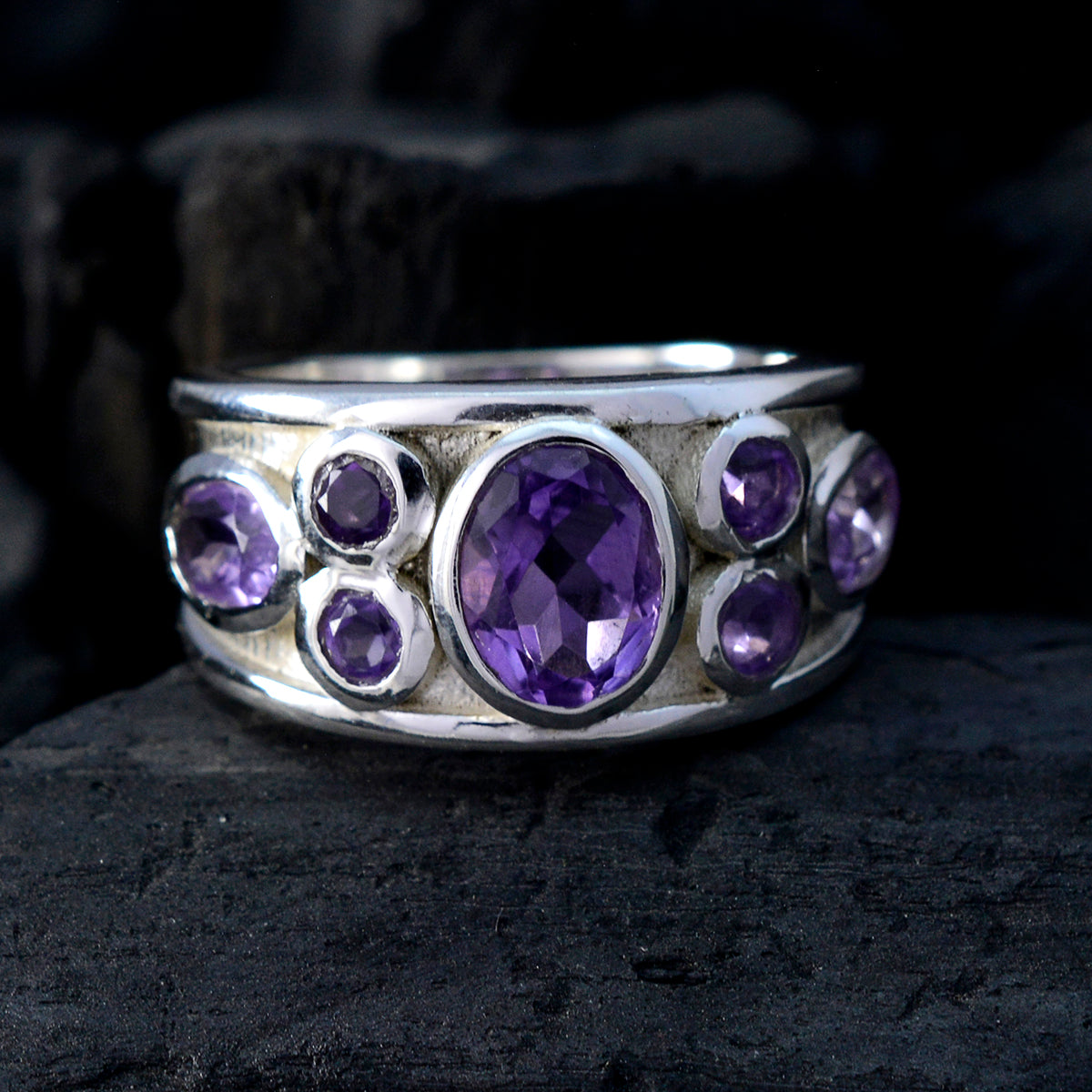 Amethyst Hepta Egyptian 925 Sterling Silver Purple Gemstones Mid weight Abstract Ring Jewellery