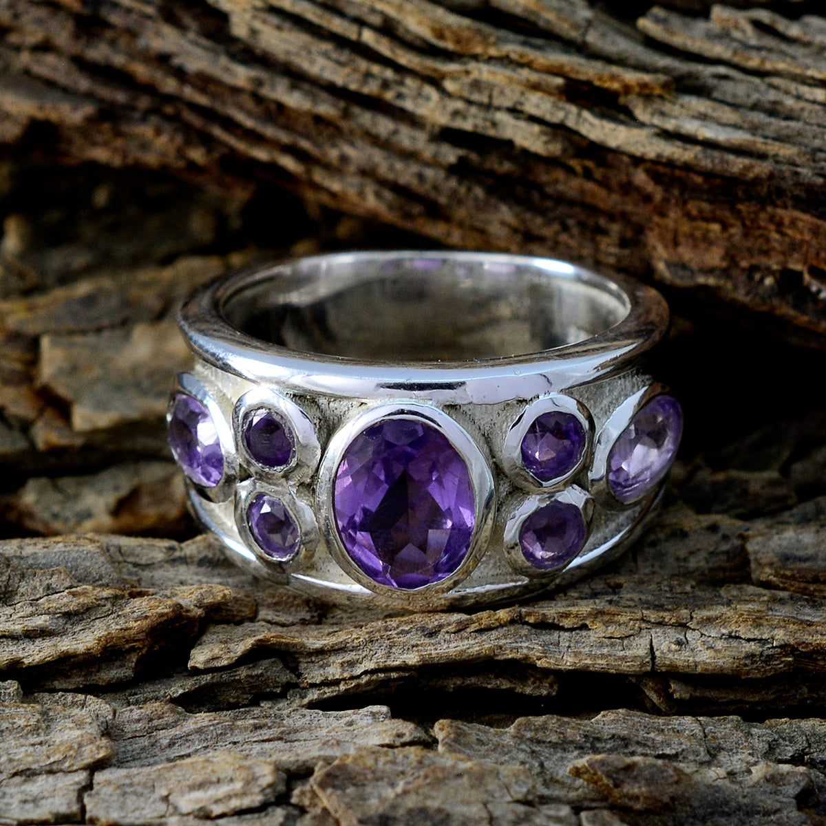Amethyst Hepta Egyptian 925 Sterling Silver Purple Gemstones Mid weight Abstract Ring Jewellery