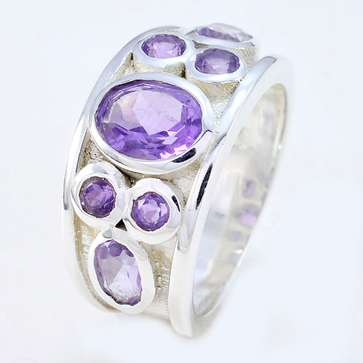 Amethyst Hepta Egyptian 925 Sterling Silver Purple Gemstones Mid weight Abstract Ring Jewellery