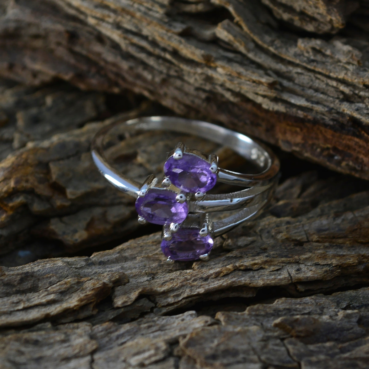 Amethyst Trilogy German Sterling Silver Purple Gemstone Tiny Boho Ring Jewelry