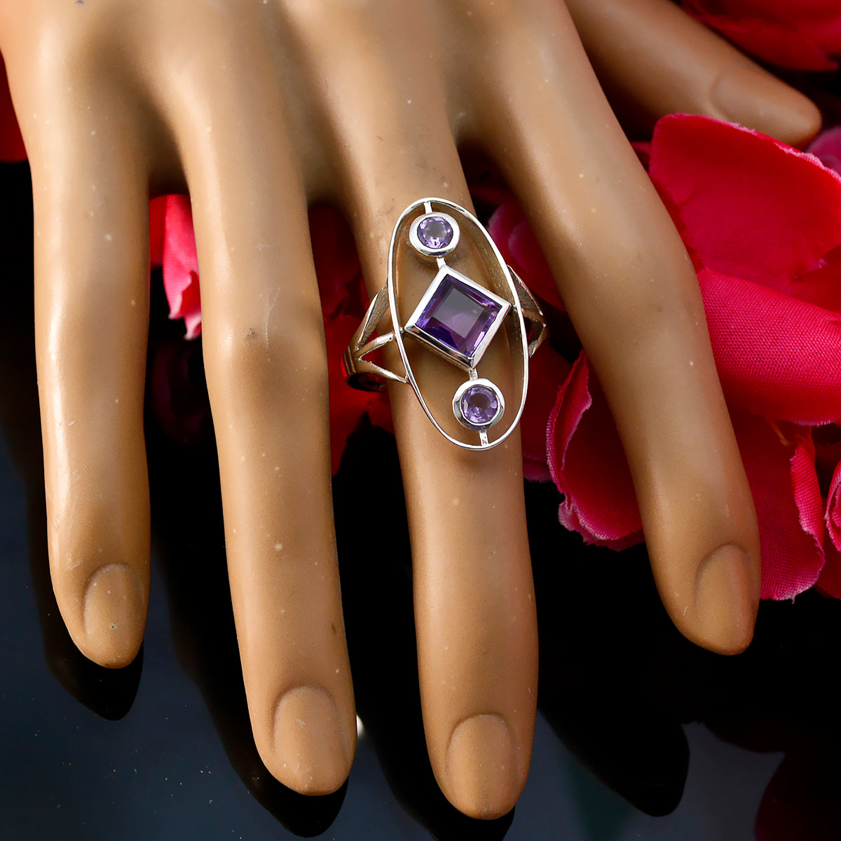 Amethyst Trilogy Egyptian Sterling Silver Purple Gems Slim Romantic Ring Jewellery
