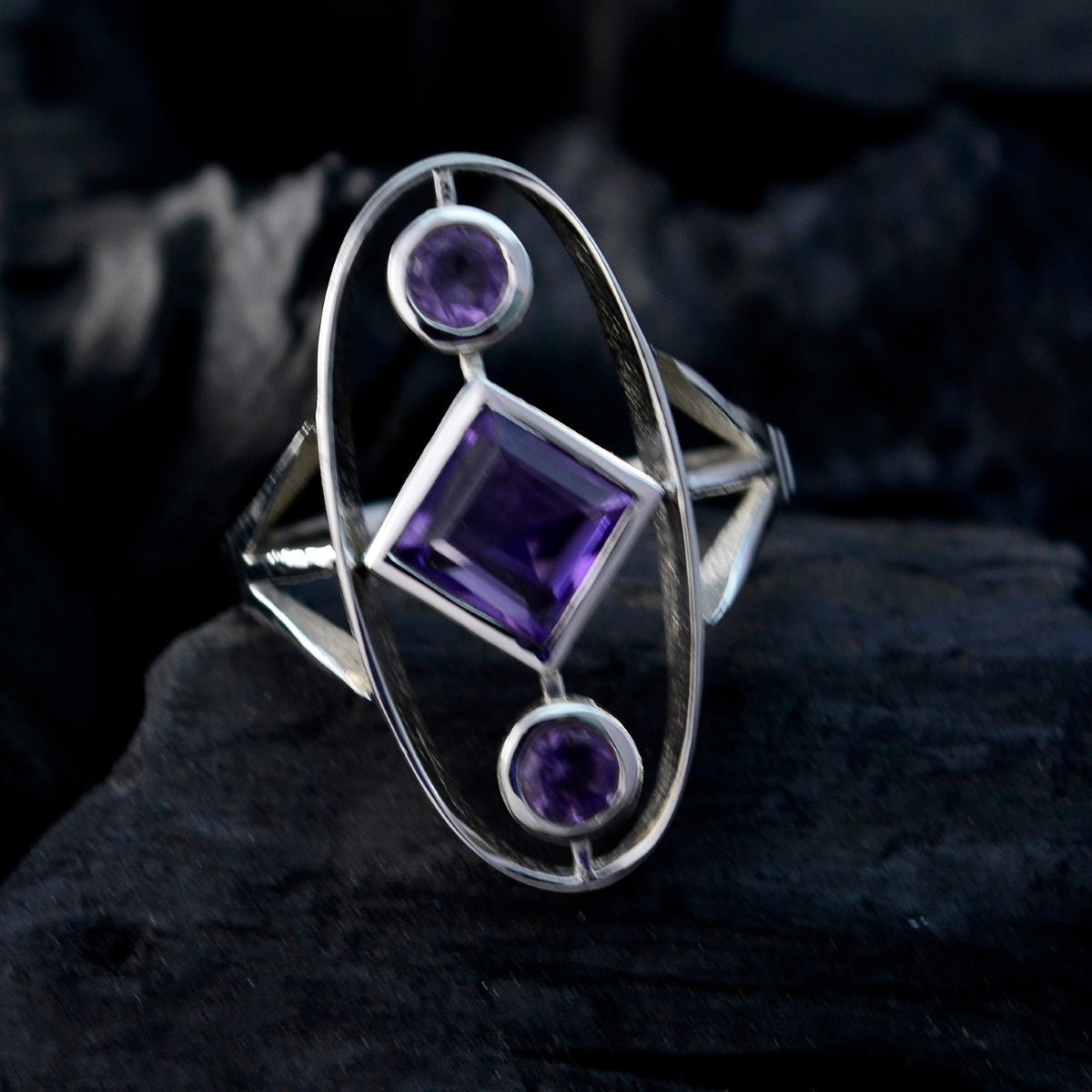 Amethyst Trilogy Egyptian Sterling Silver Purple Gems Slim Romantic Ring Jewellery