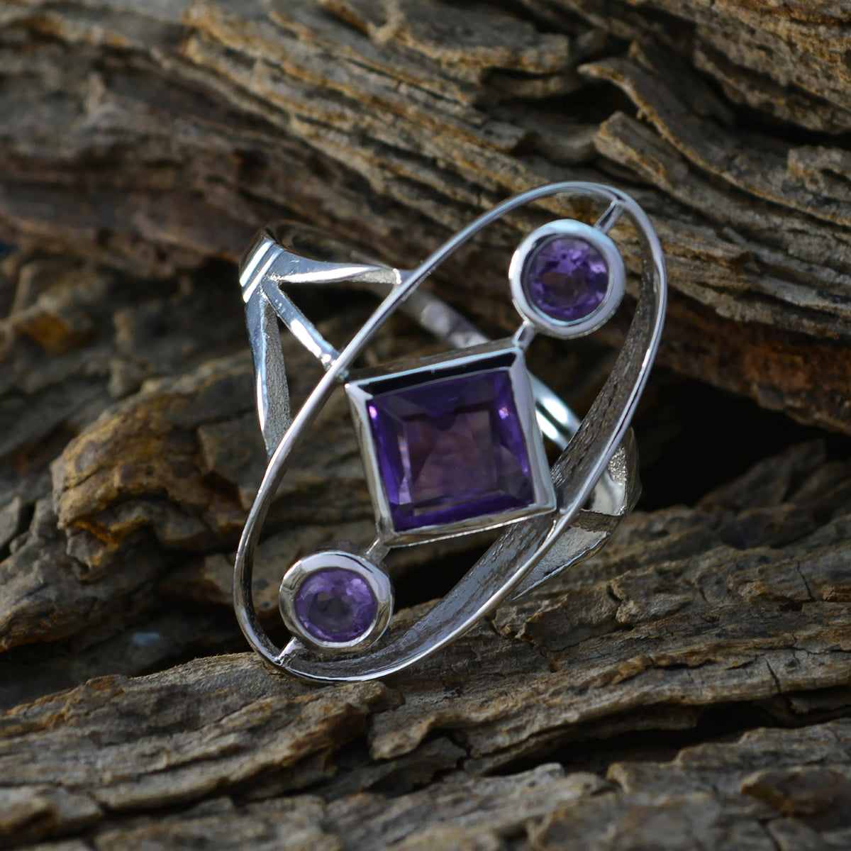 Amethyst Trilogy Egyptian Sterling Silver Purple Gems Slim Romantic Ring Jewellery