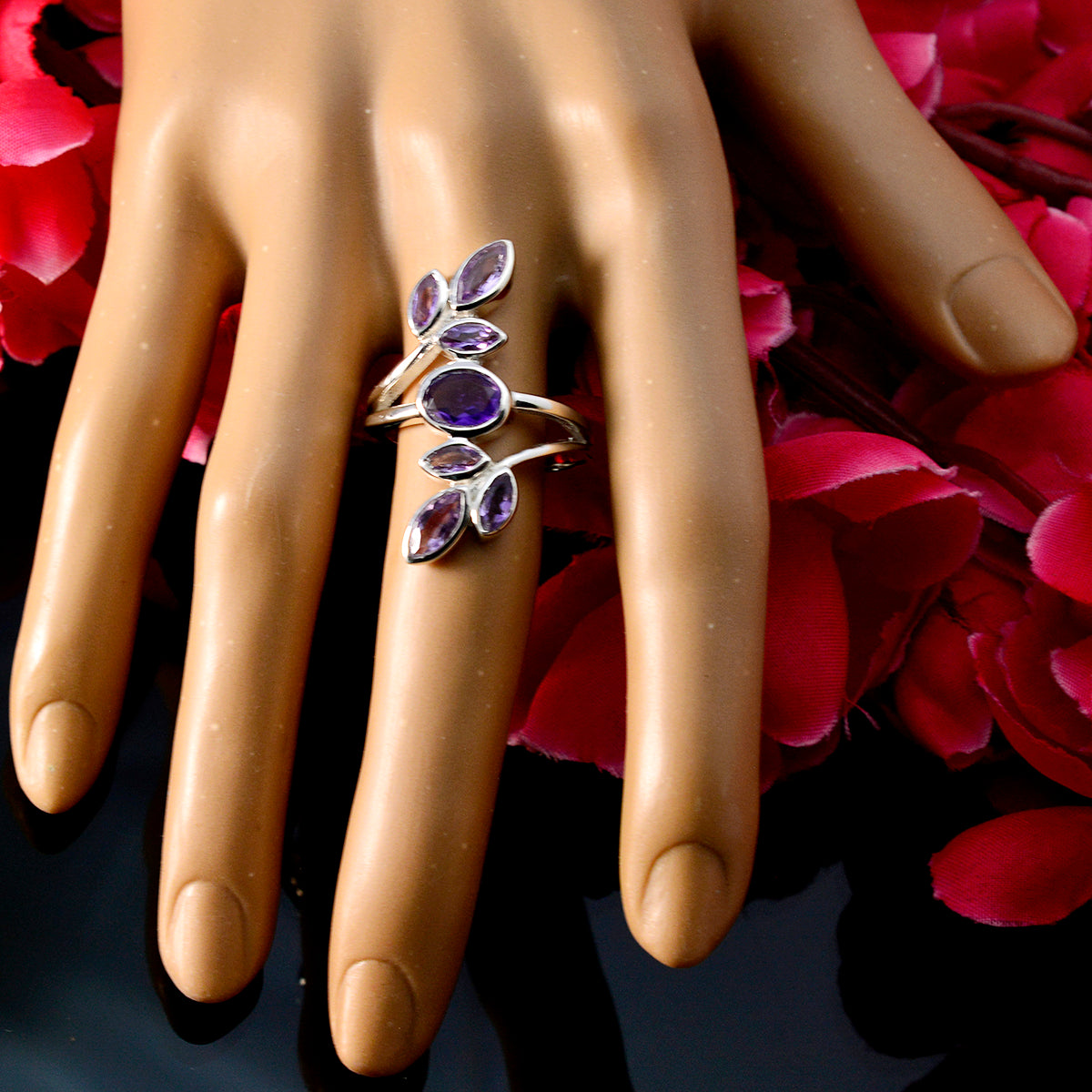 Amethyst Hepta Indian Sterling Silver Purple Gemstone Classic Leafy Ring Jewellery