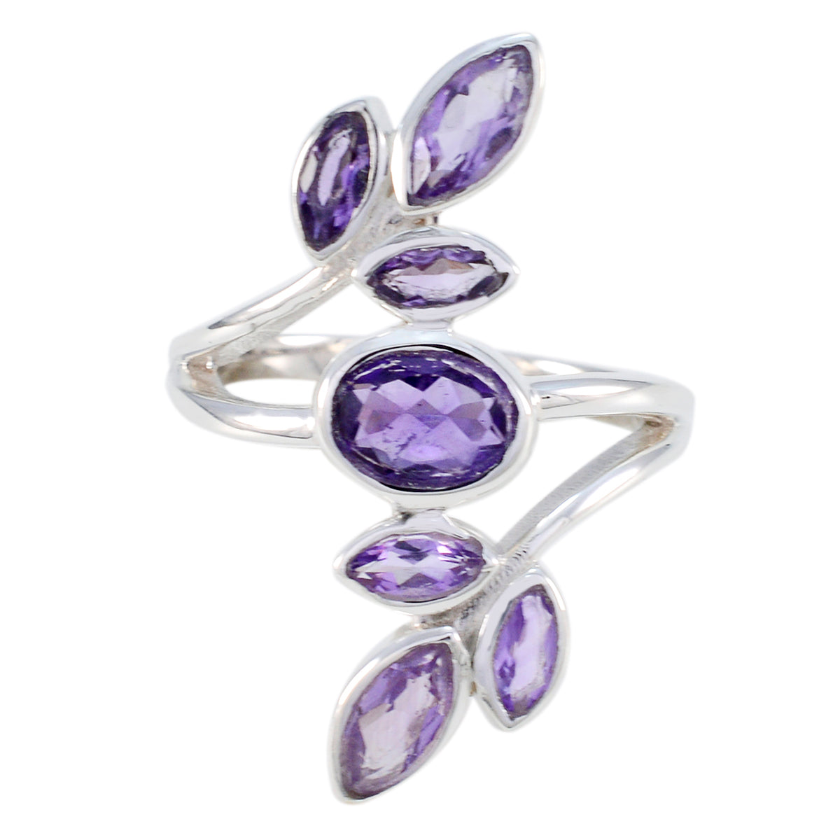 Amethyst Hepta Indian Sterling Silver Purple Gemstone Classic Leafy Ring Jewellery