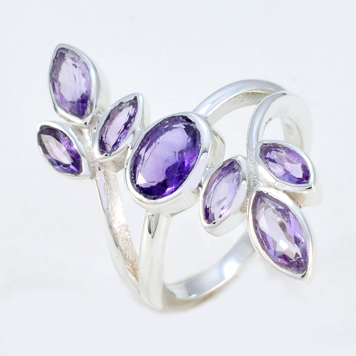 Amethyst Hepta Indian Sterling Silver Purple Gemstone Classic Leafy Ring Jewellery Secondary image