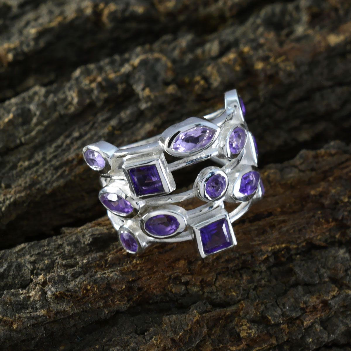 Amethyst multiple Russian 925 Sterling Silver Purple Gemstone Eye catching Trendy Ring Jewellery