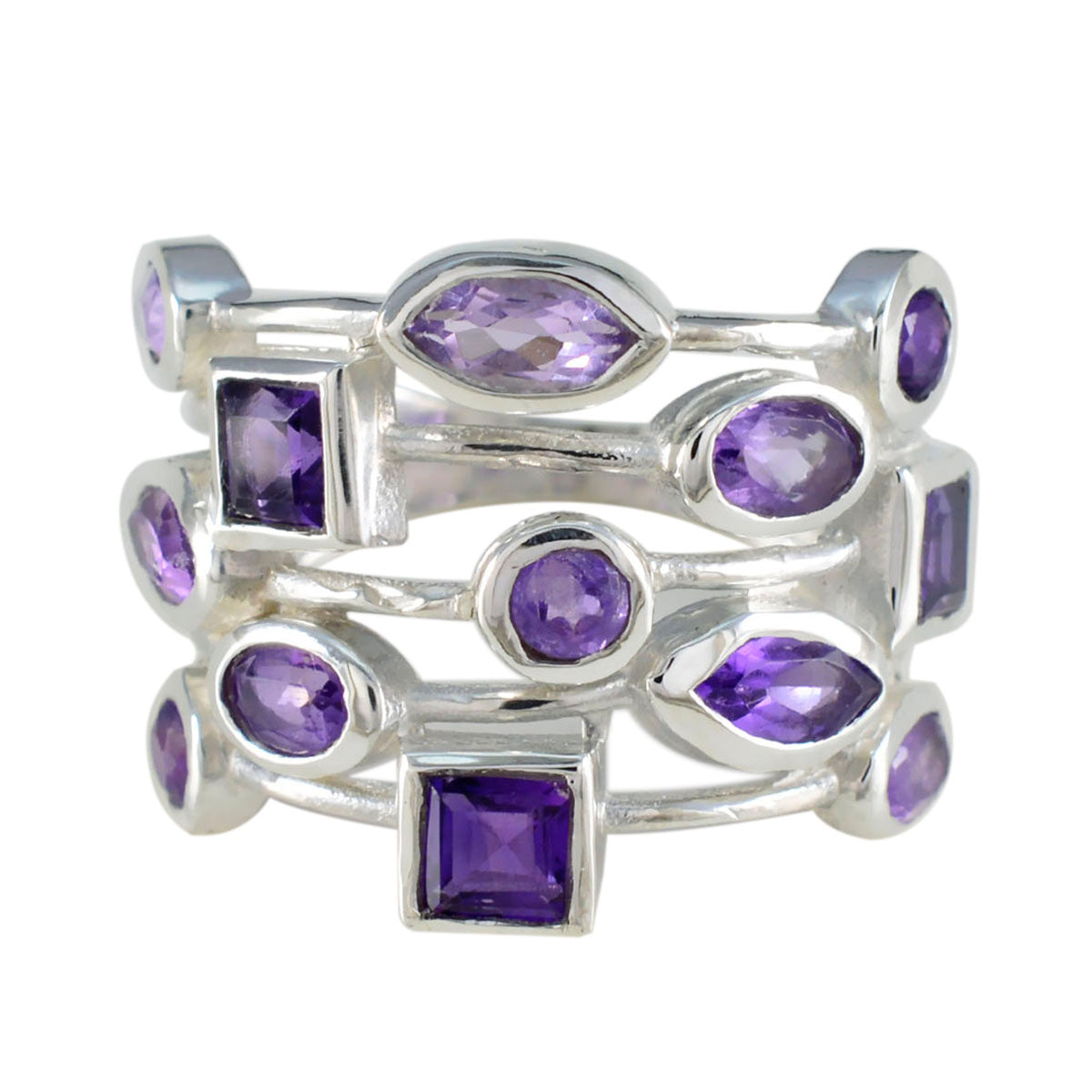 Amethyst multiple Russian 925 Sterling Silver Purple Gemstone Eye catching Trendy Ring Jewellery