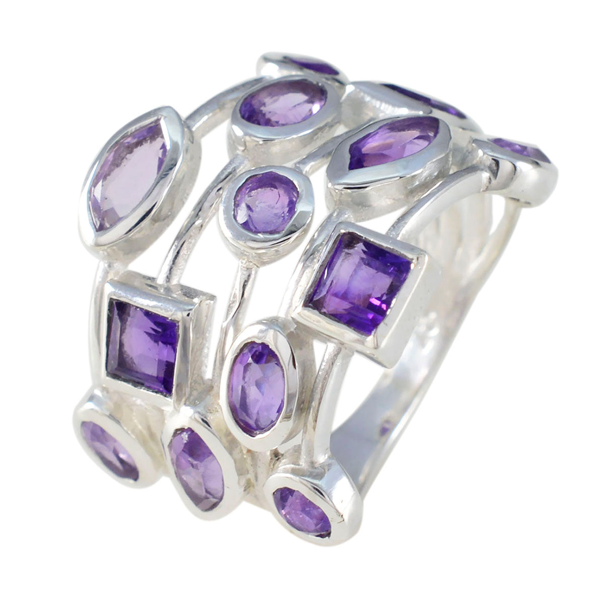 Amethyst multiple Russian 925 Sterling Silver Purple Gemstone Eye catching Trendy Ring Jewellery