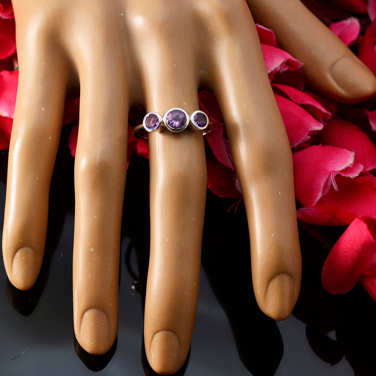 Amethyst Trilogy American 92.5 Silver Purple Gems Dainty Abstract Ring Jewellery
