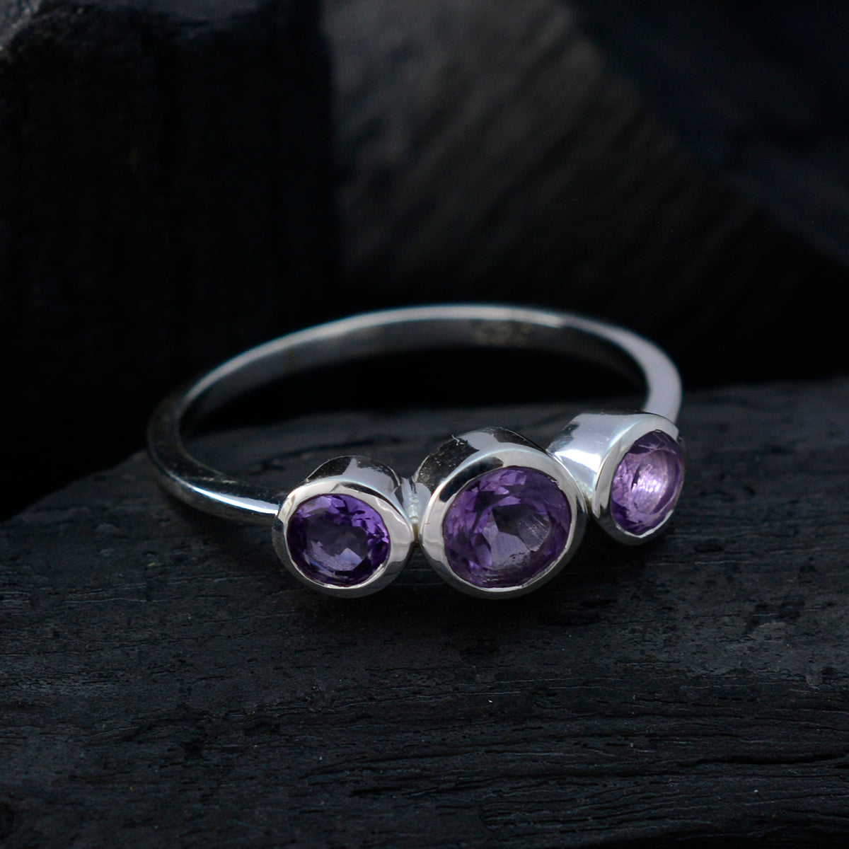 Amethyst Trilogy American 92.5 Silver Purple Gems Dainty Abstract Ring Jewellery