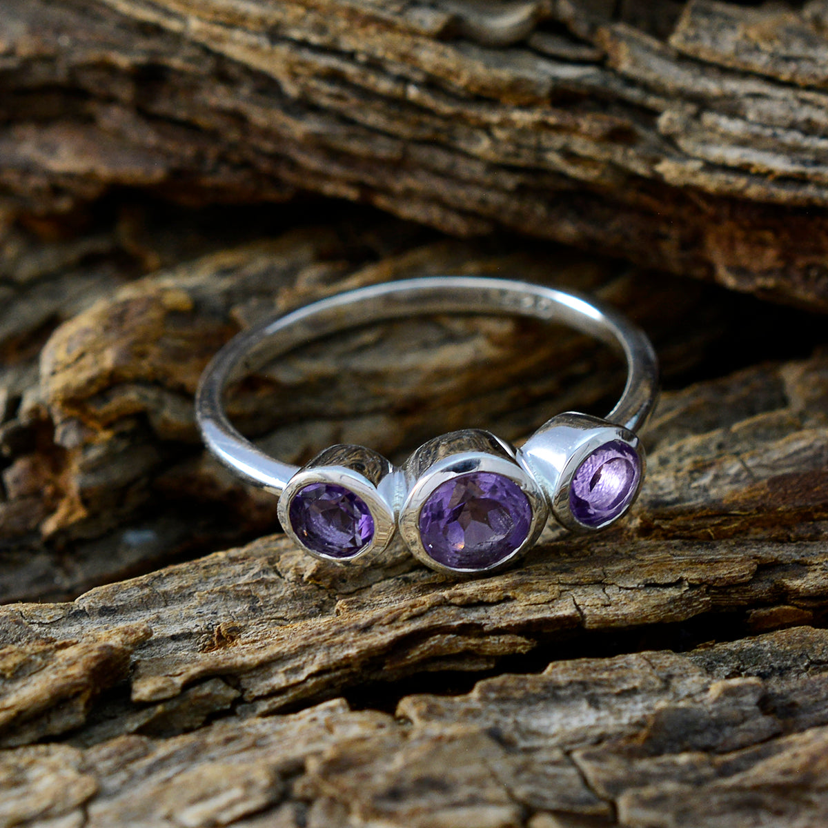 Amethyst Trilogy American 92.5 Silver Purple Gems Dainty Abstract Ring Jewellery