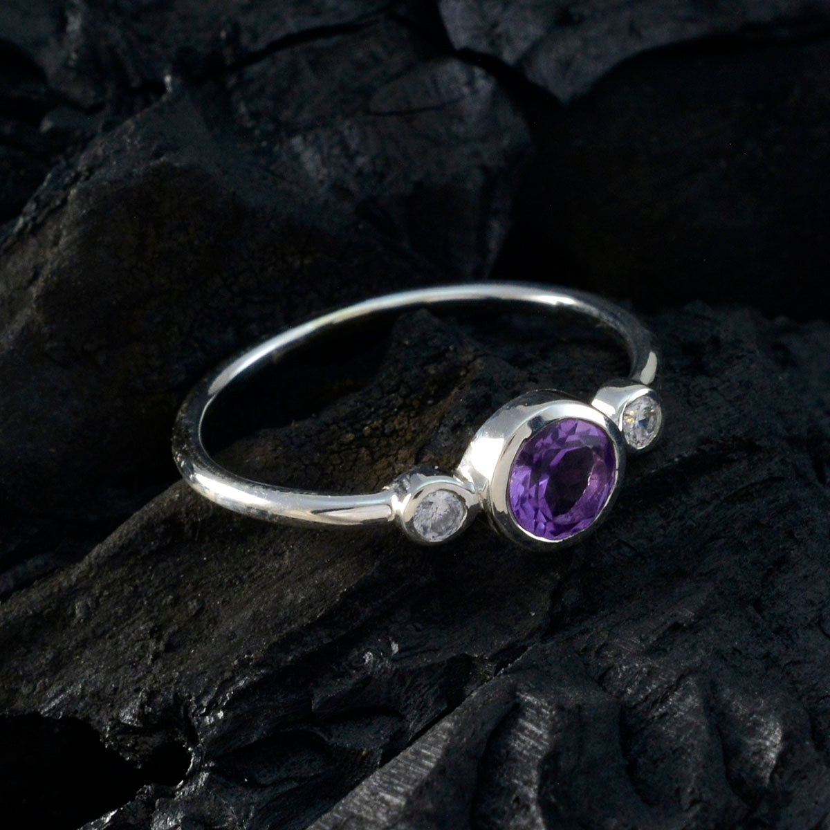 Amethyst Trilogy Korean 92.5 Silver Purple Gemstones Elegant  Luxurious Ring Jewelry
