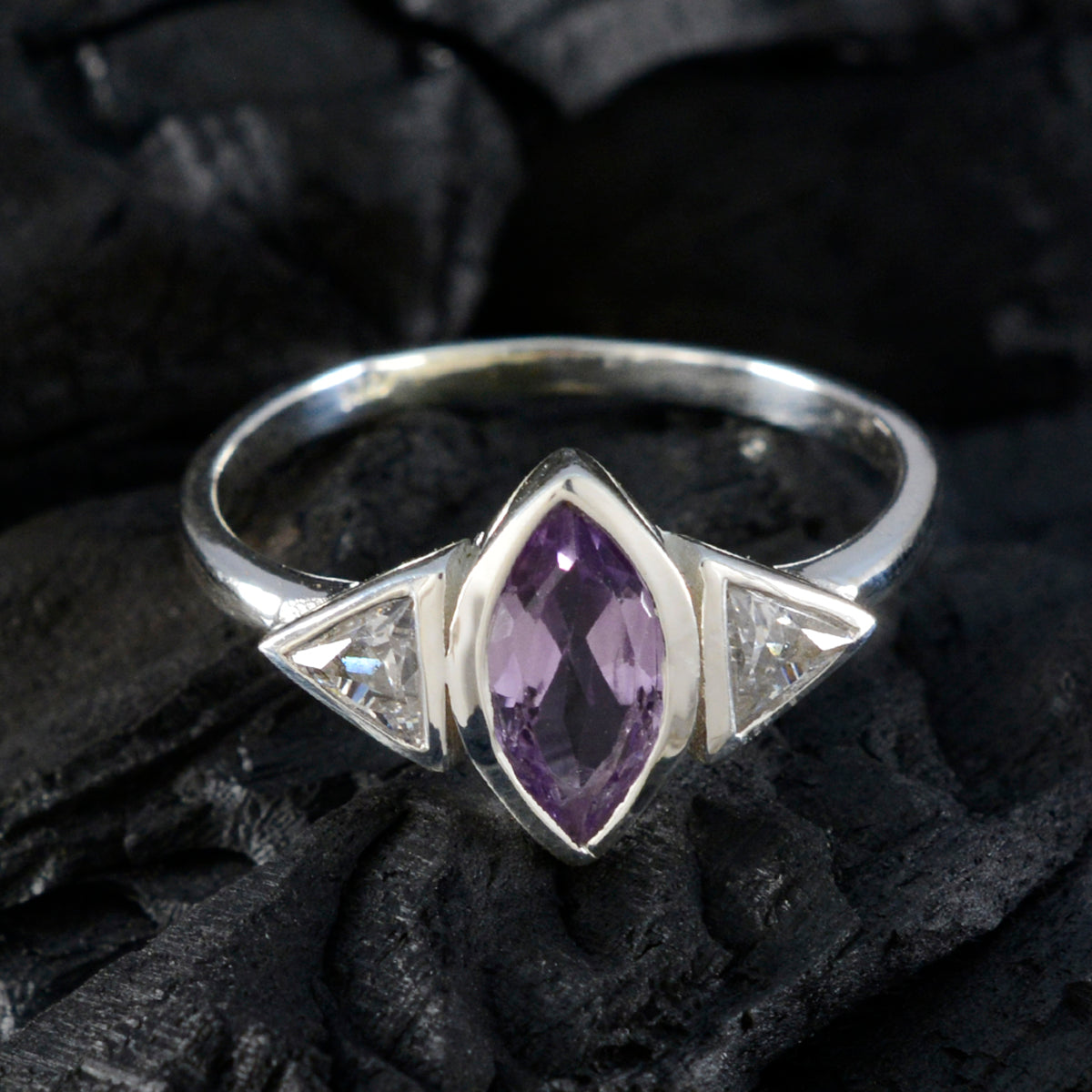 Amethyst Trilogy Turkish 925 Silver Purple Gemstones Whisper thin Feminine Ring Jewelry