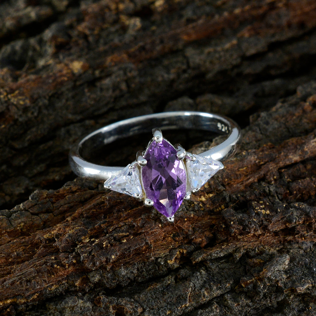 Amethyst Trilogy Japanese 925 Sterling Silver Purple Gems Dainty Contemporary Ring Jewelry