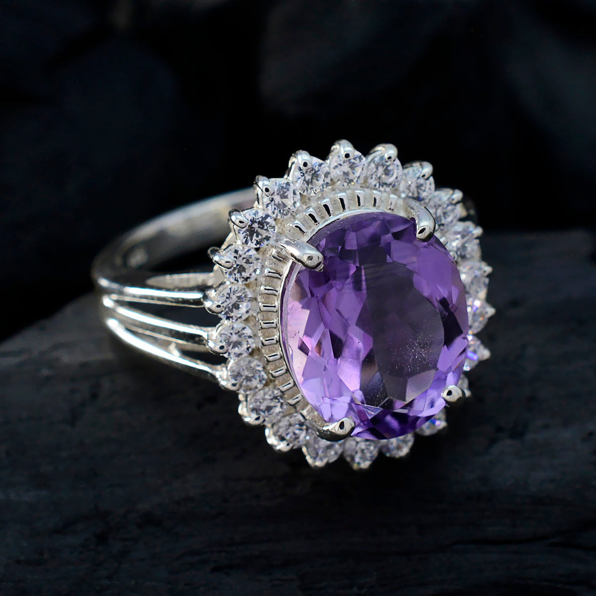 Amethyst Halo Moroccan Silver Purple Gemstones Classic Signet Ring Jewelry