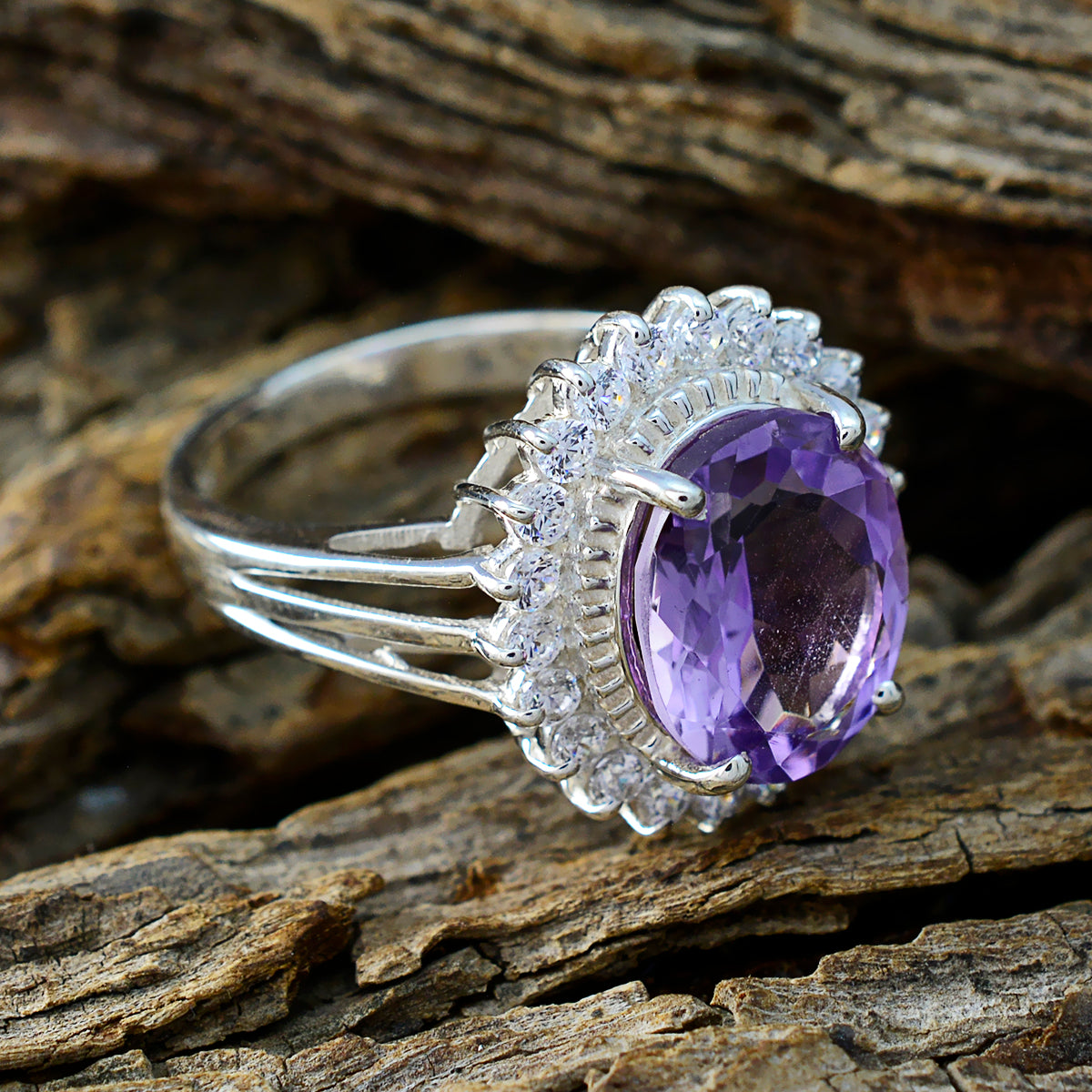 Amethyst Halo Moroccan Silver Purple Gemstones Classic Signet Ring Jewelry