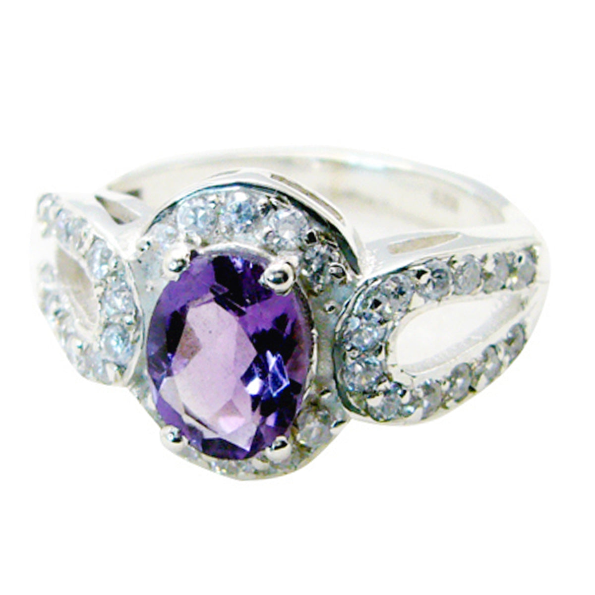 Amethyst Halo French 925 Sterling Silver Purple Gemstone Slim Abstract Ring Jewellery Huvudsaklig produktbild