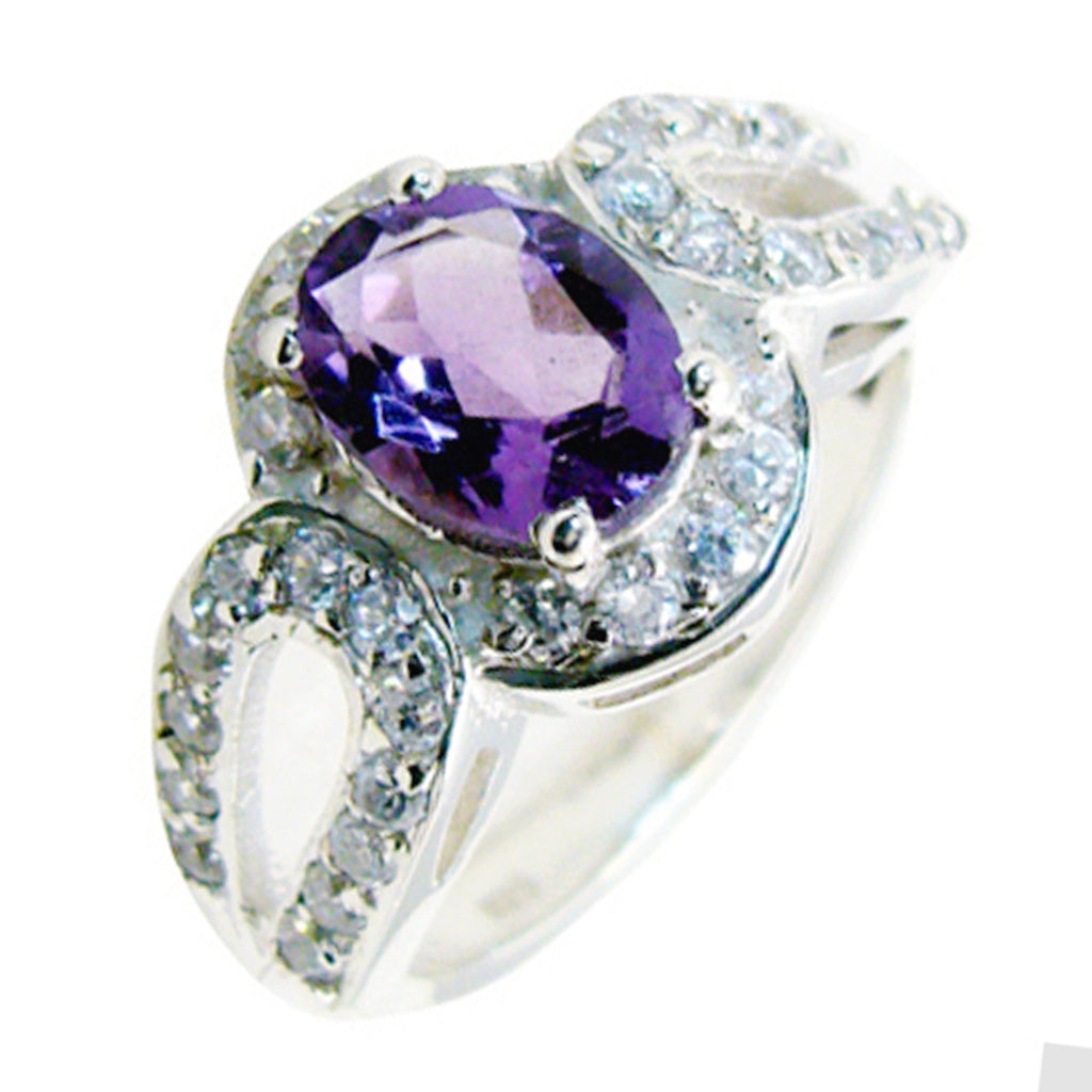 Amethyst Halo French 925 Sterling Silver Purple Gemstone Slim Abstract Ring Jewellery