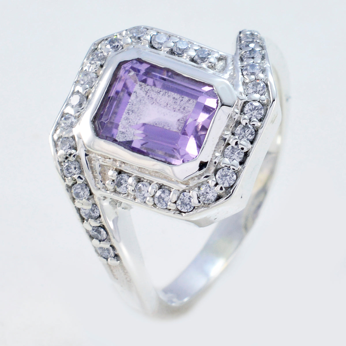 Anello moderno accattivante con gemme viola in argento sterling 925 con alone di ametista egiziana Immagine secondaria del prodotto