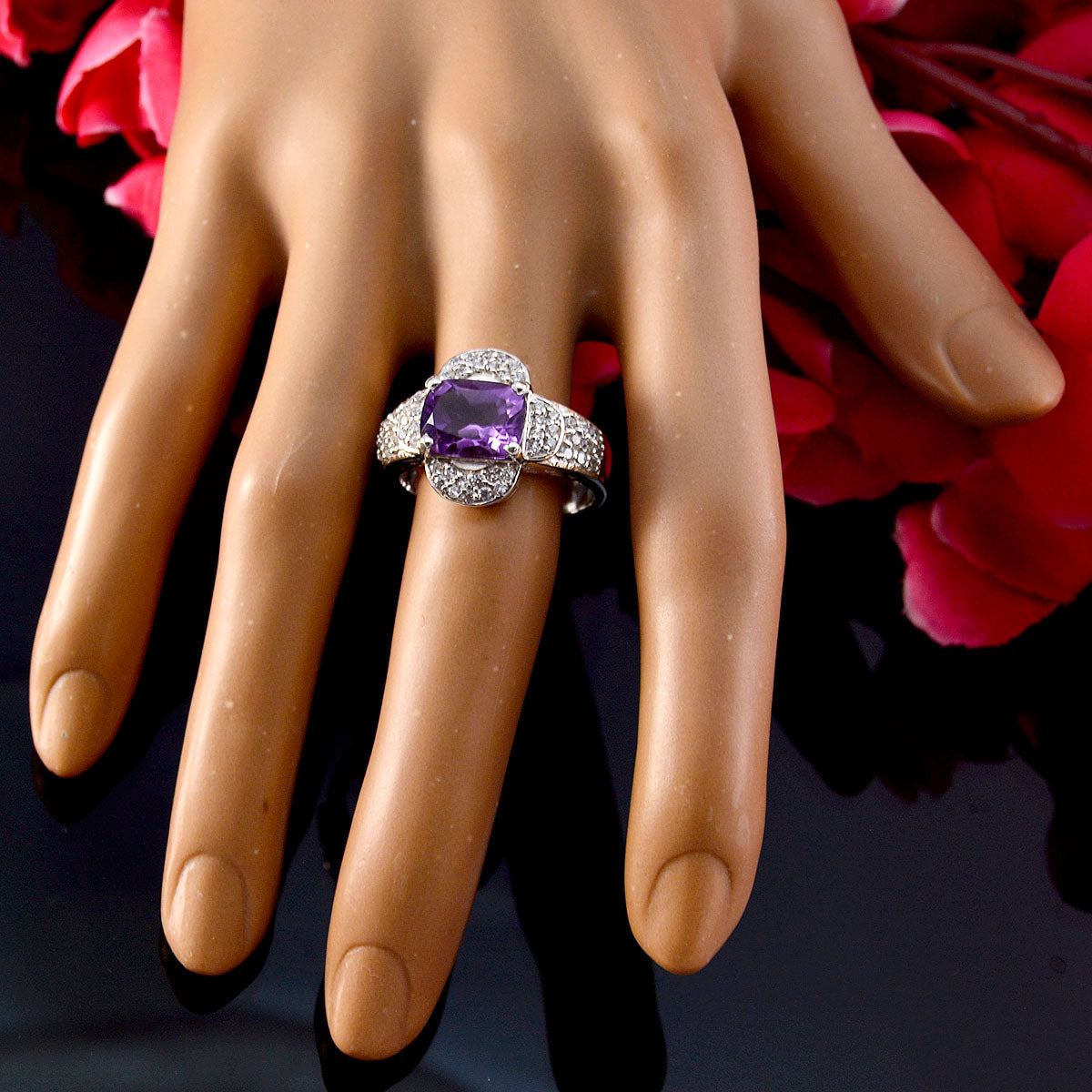 Amethyst Halo Indian 925 Silver Purple Gems Mid weight Contemporary Ring Jewelry
