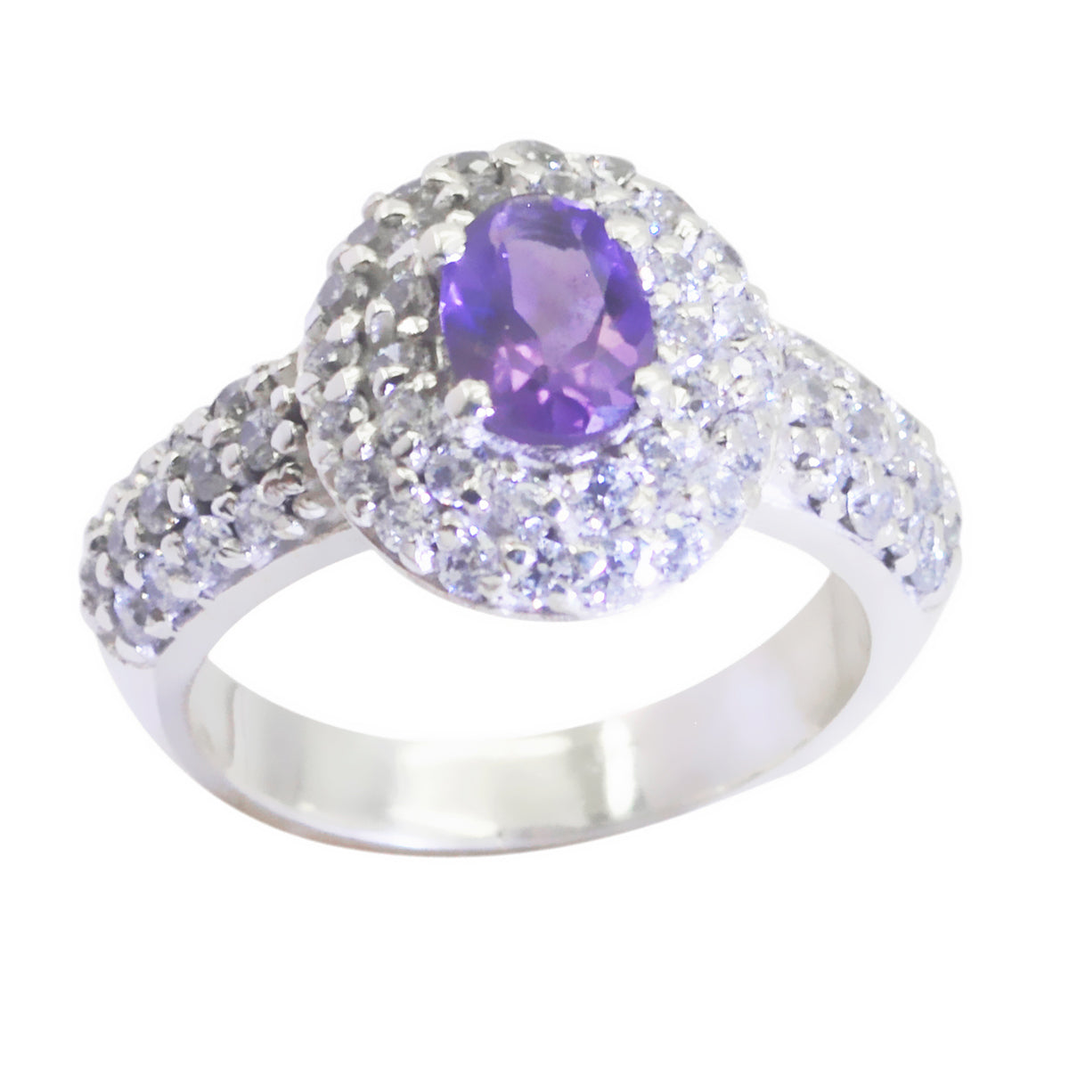 Amethyst Halo Egyptian Sterling Silver Purple Gemstone Eye catching Contemporary Ring Jewellery Image principale du produit