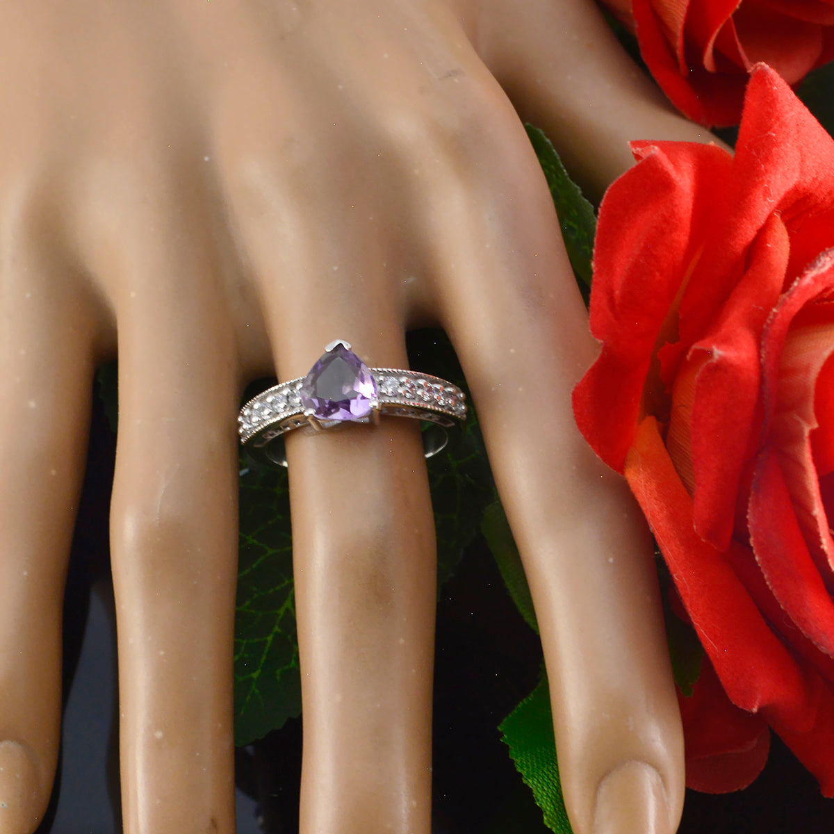 Amethyst Halo French 925 Silver Purple Gemstones Slim Fairytale Ring Jewellery