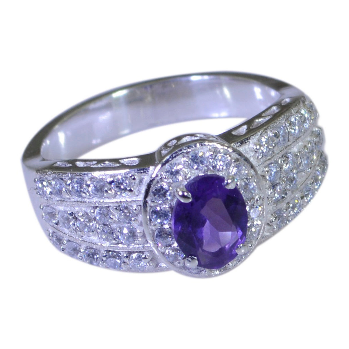 Anello astratto accattivante con pietra preziosa viola indiana in argento sterling 925 con alone di ametista Immagine secondaria del prodotto
