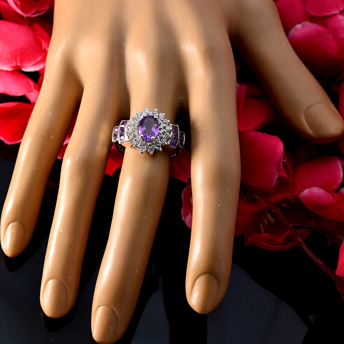 Amethyst Halo Egyptian Silver Purple Gems Mid weight Boho Ring Jewellery