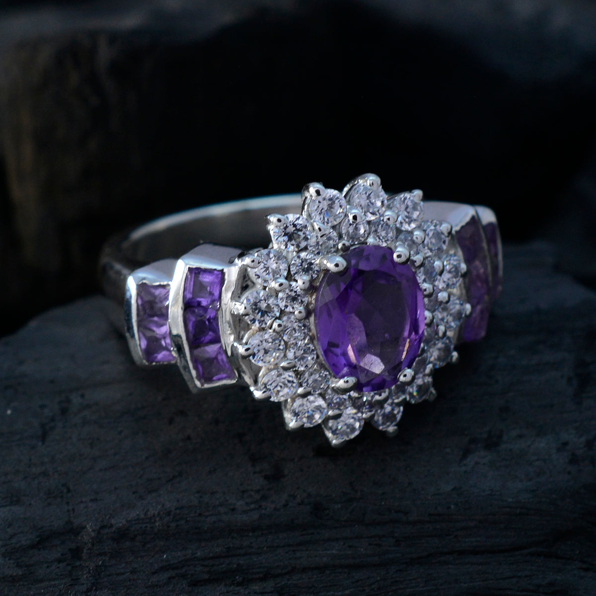 Amethyst Halo Egyptian Silver Purple Gems Mid weight Boho Ring Jewellery